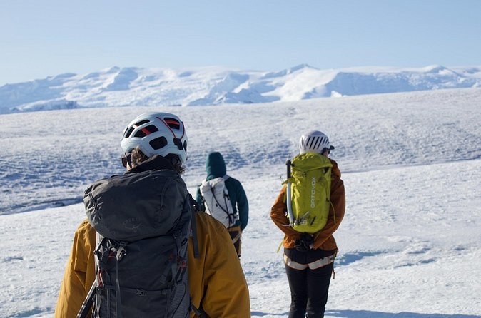 Walkers in helmets seen from behind on a flat, snow-covered ice cap